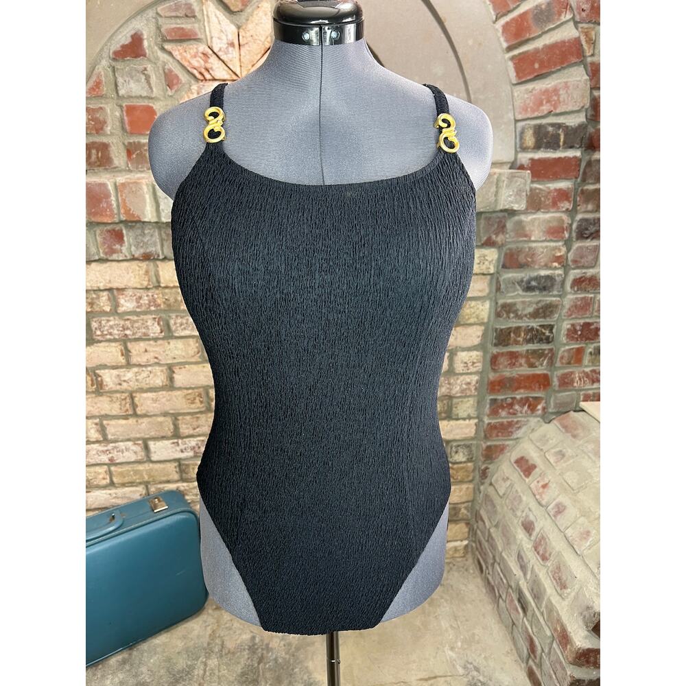 Jantzen one piece swimsuit Vintage black textured gold buckles
